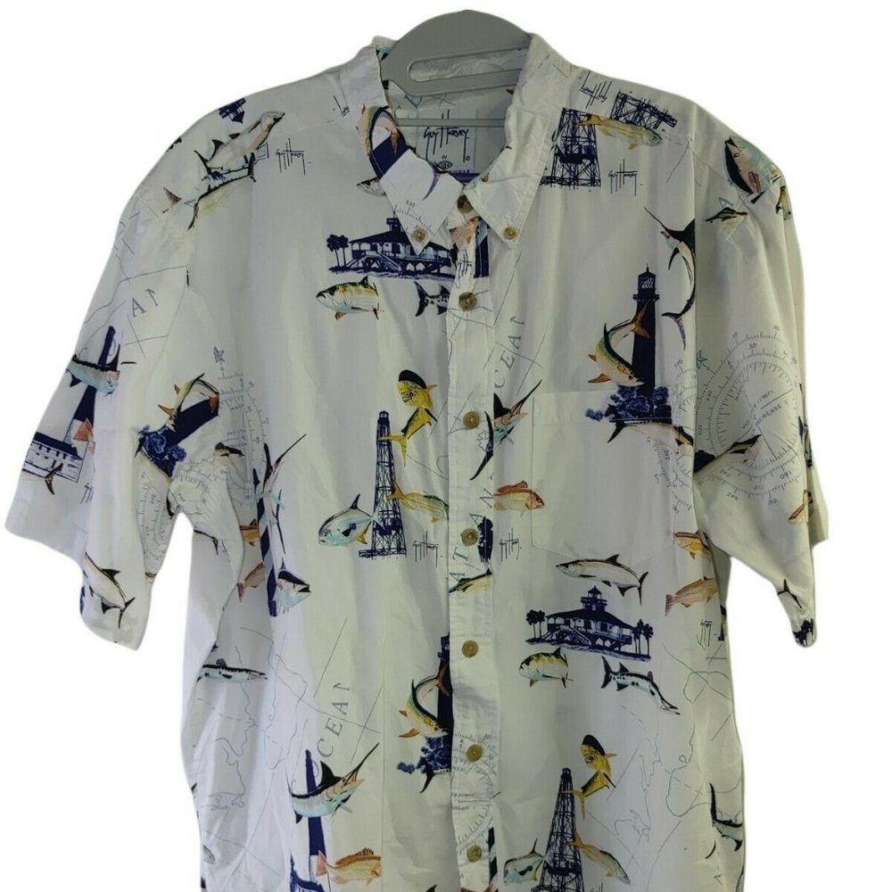 Guy Harvey AFTCO Bluewater Button Camp Shirt Fish Compass Lighthouse Classic XL